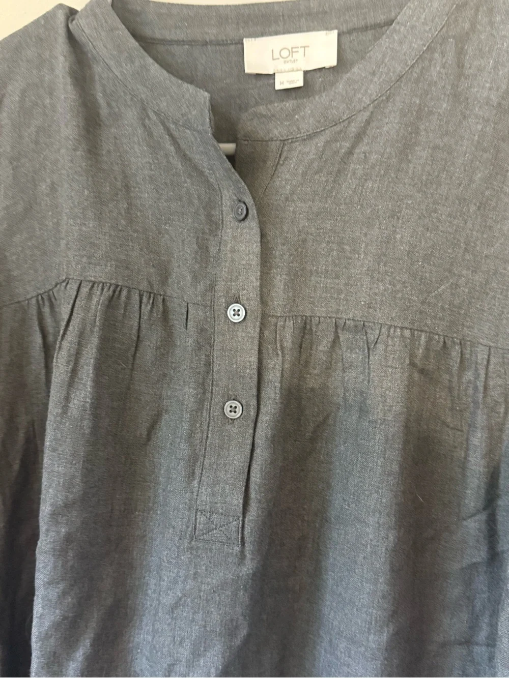 LOFT Charcoal Gray Button-Up Peasant Top